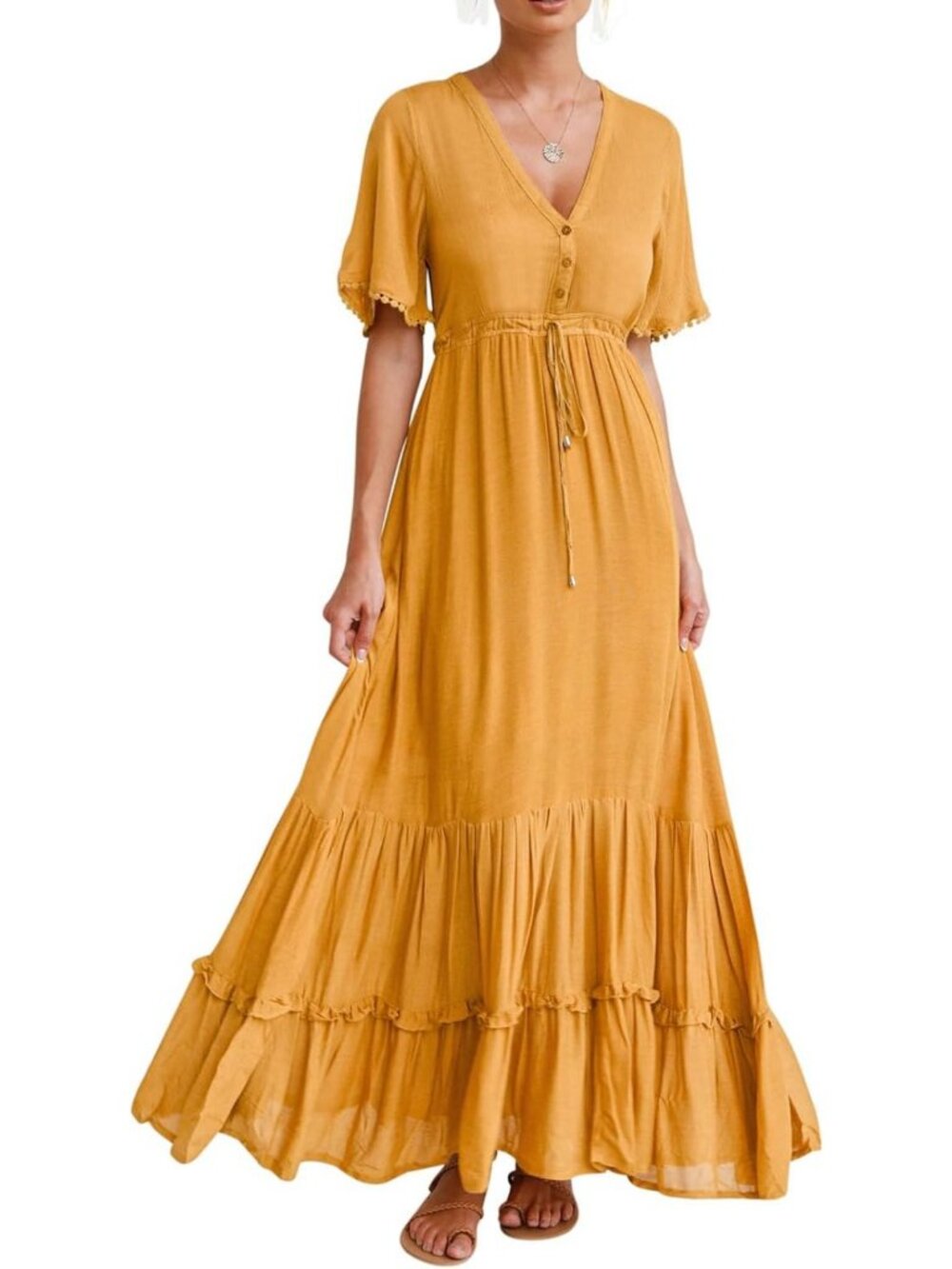 Floral Print Boho Midi Dress for Women - Summer V Neck, Casual, Lightweight